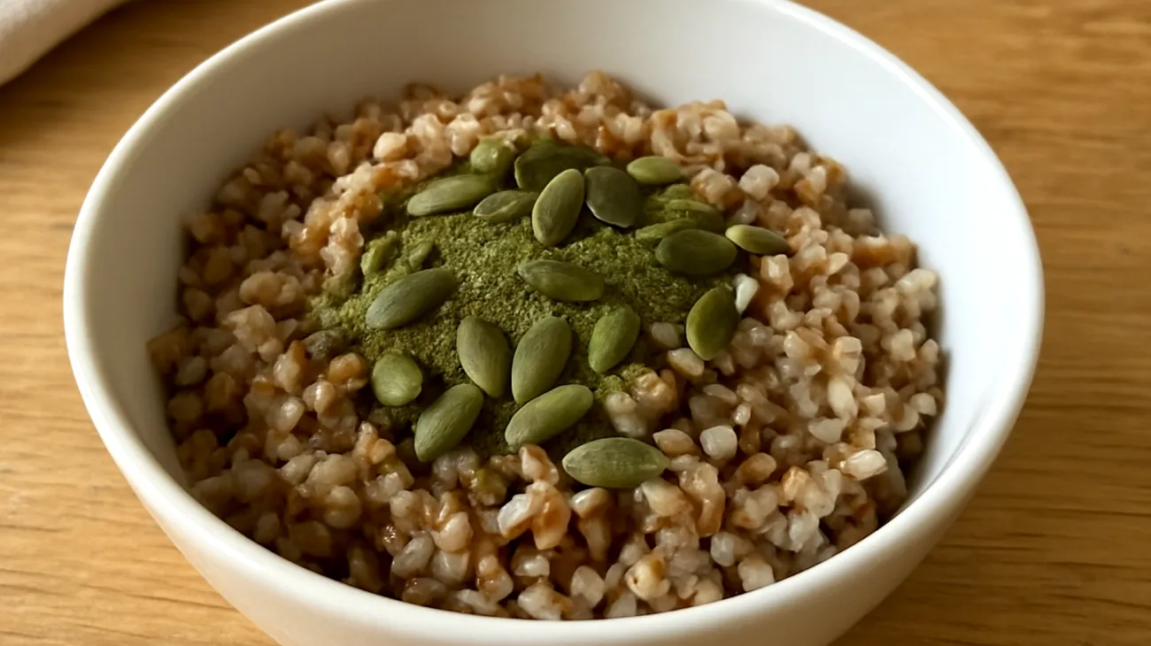 Buchweizen-Porridge mit Brennnesselpulver und Kürbiskernen"
