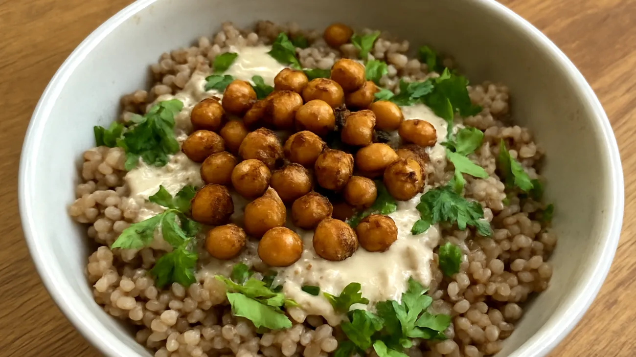 Buchweizen-Salat mit gerösteten Kichererbsen und Tahini-Dressing"