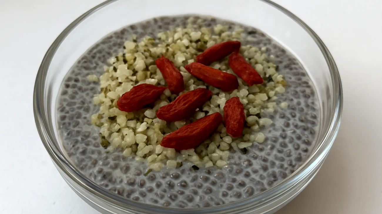 Chia-Pudding mit Hanfsamen und Goji-Beeren"