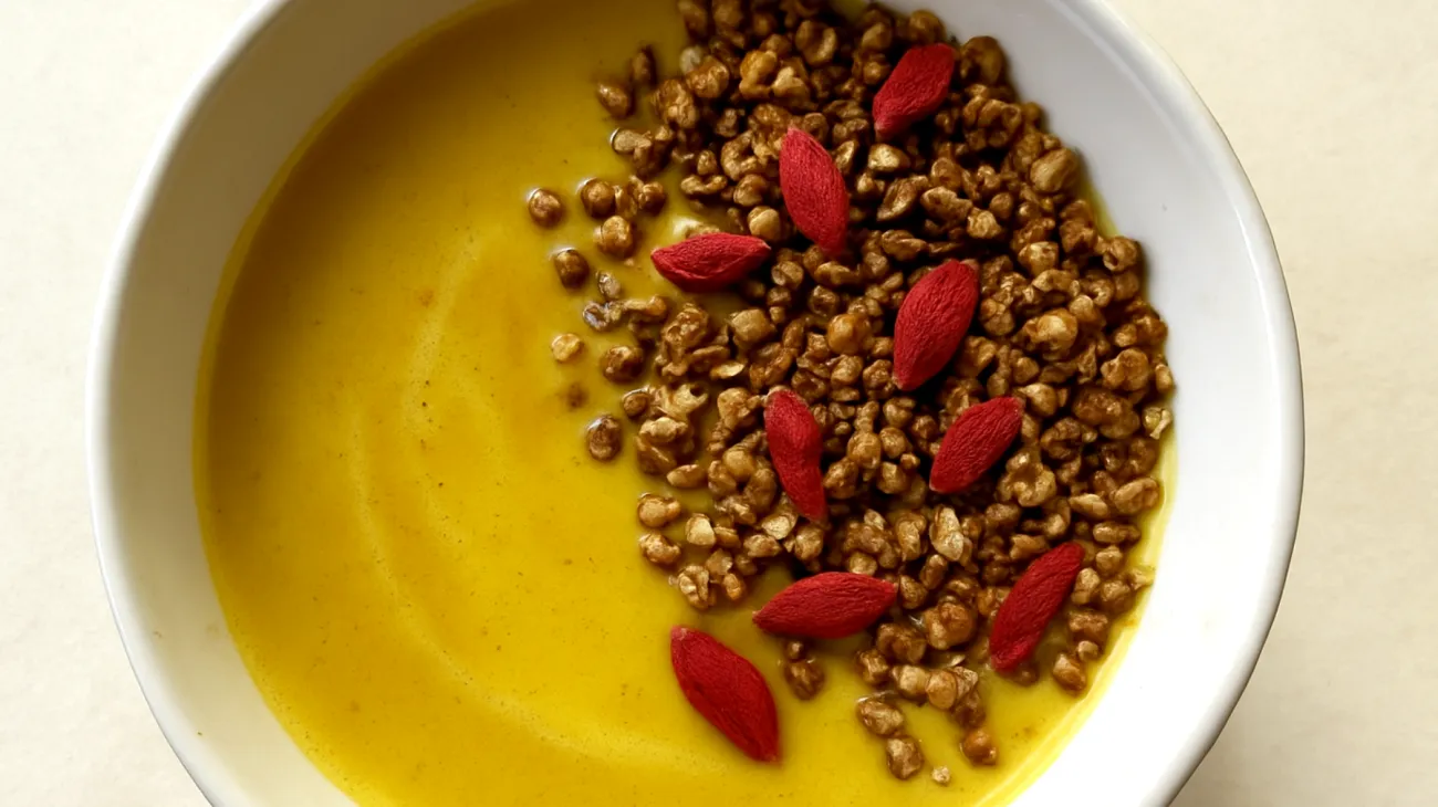 Goldene Milch mit Buchweizen-Granola und Goji-Beeren"