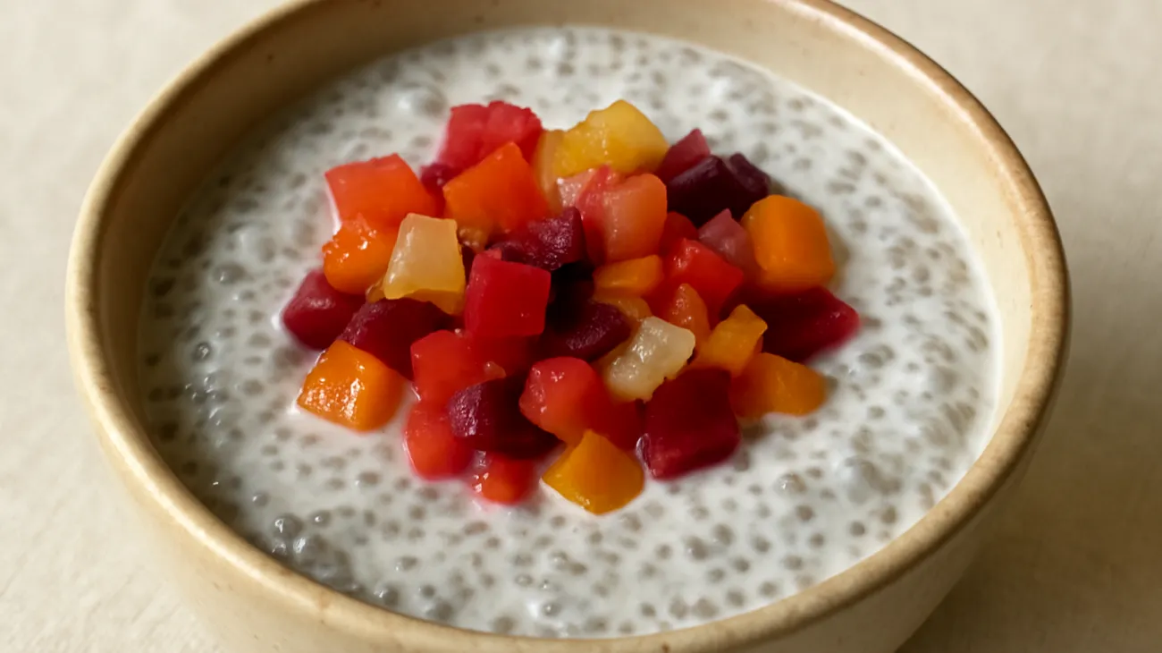 Kefir-Chia-Pudding mit fermentierten Gemüsestückchen"