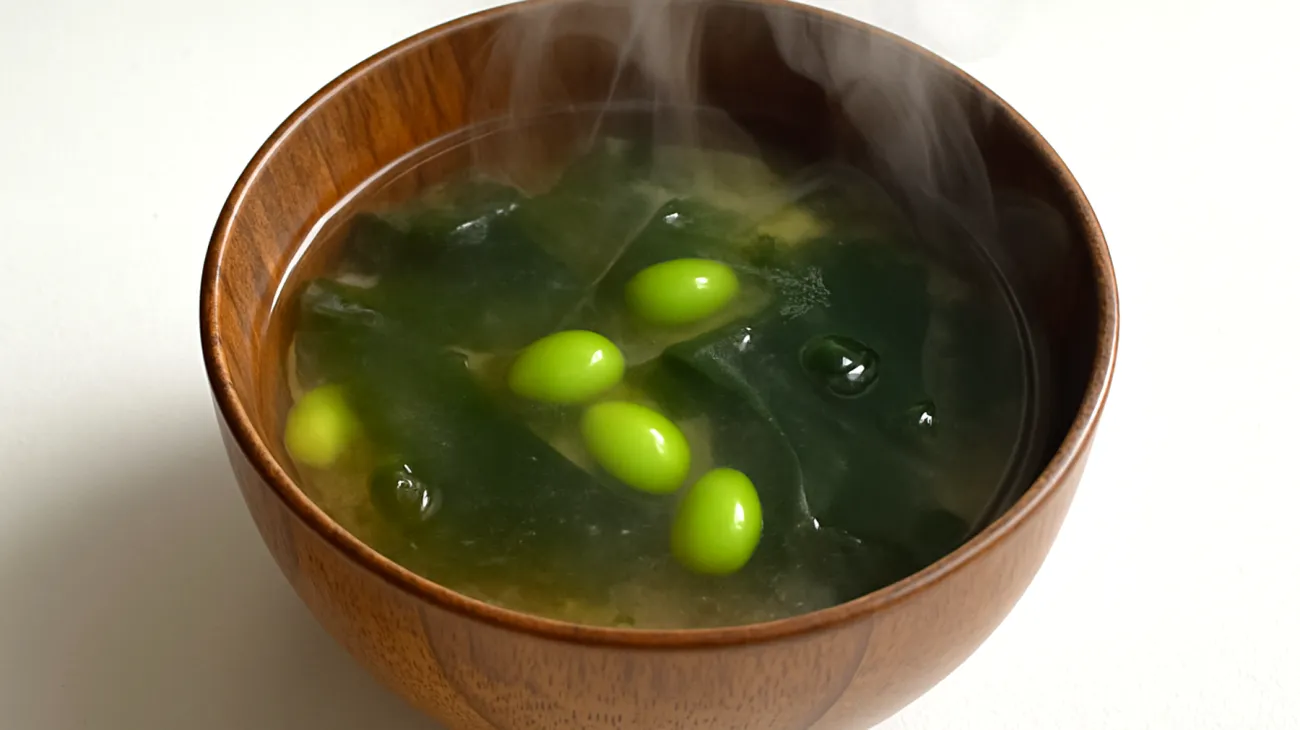Miso-Suppe mit Wakame-Algen und Edamame"