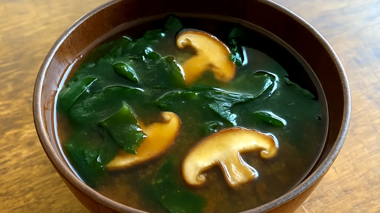 Miso-Suppe mit Wakame-Algen und Shiitake-Pilzen"