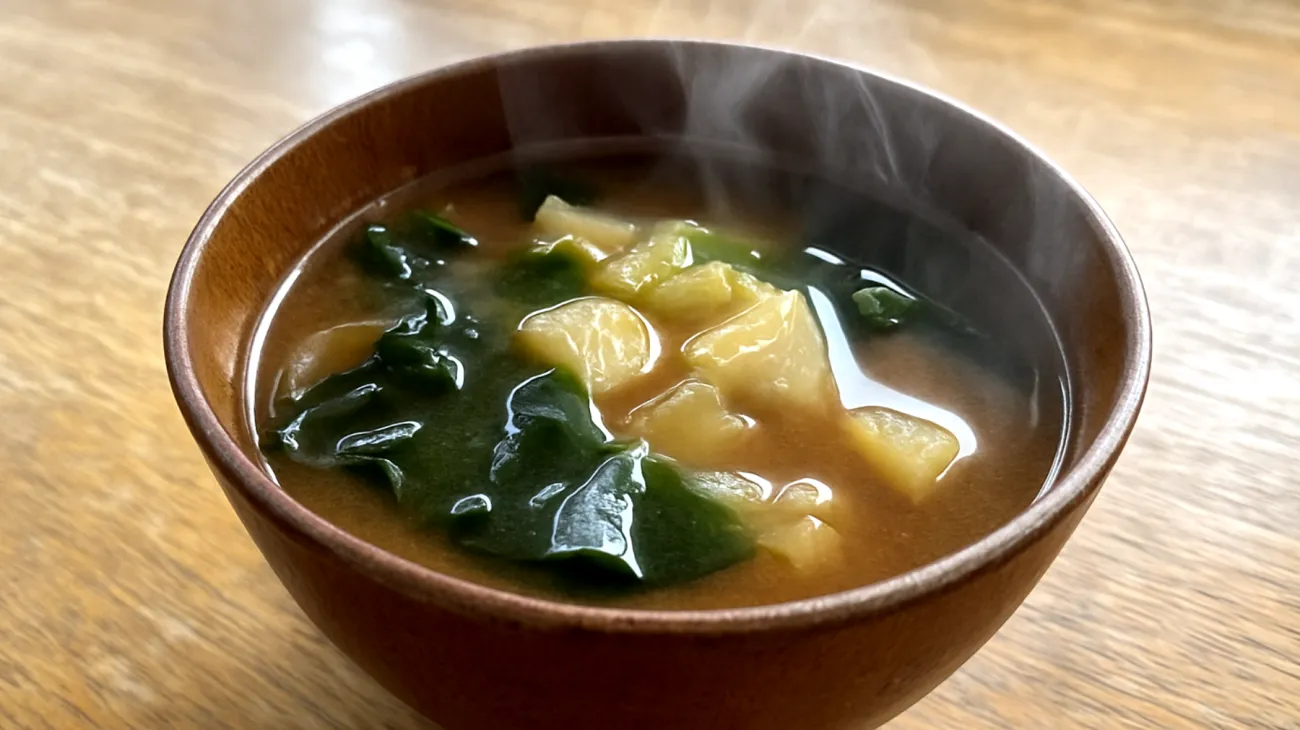 Miso-Suppe mit Wakame-Algen und fermentiertem Gemüse"