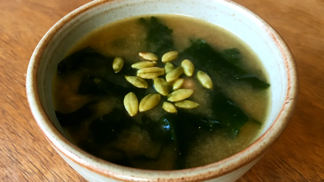 Miso-Suppe mit Wakame-Algen und gerösteten Kürbiskernen"