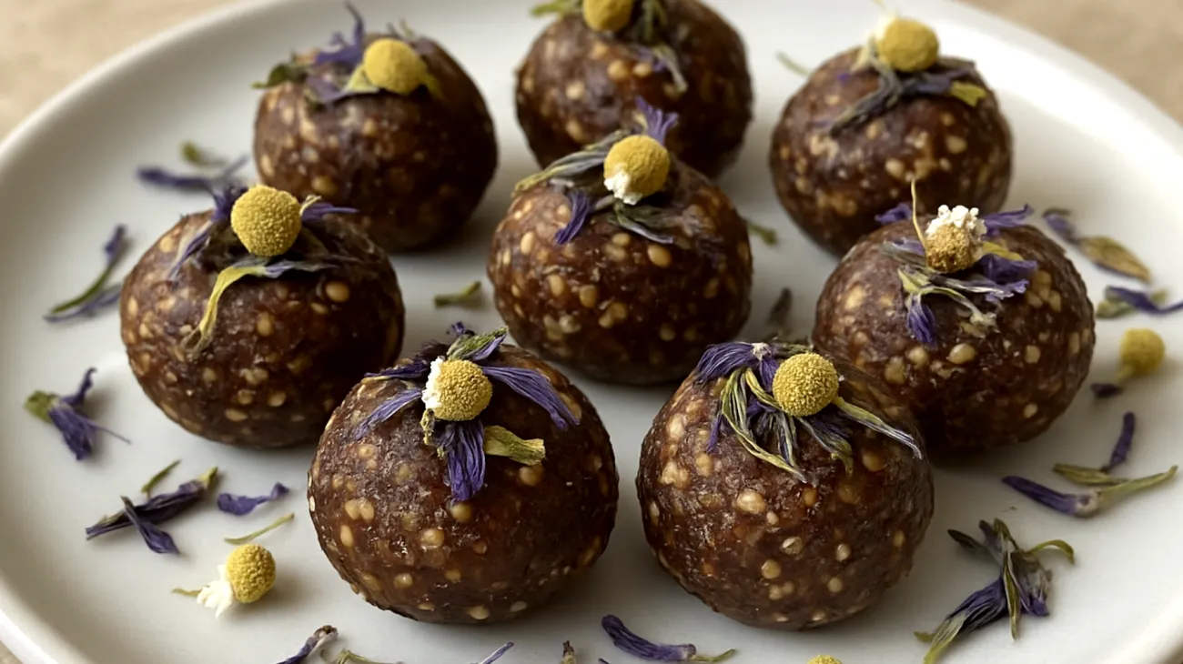 Quinoa-Dattel-Energiebällchen mit Passionsblume und Kamille"