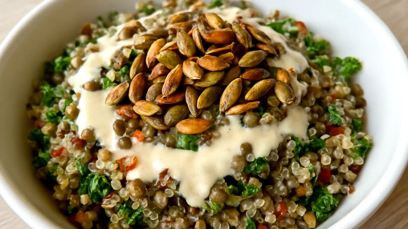 Quinoa-Linsensalat mit gerösteten Kürbiskernen und Tahini-Dressing"